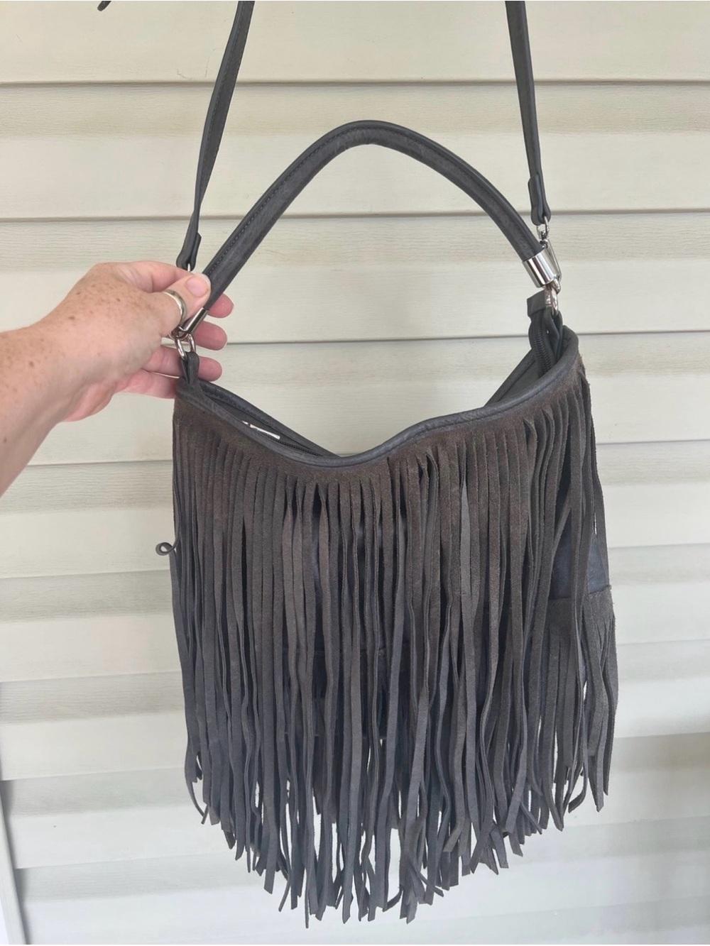 MODA LUXE Gray Leather Fringe Hand Bag Crossbody AND Arm Strap